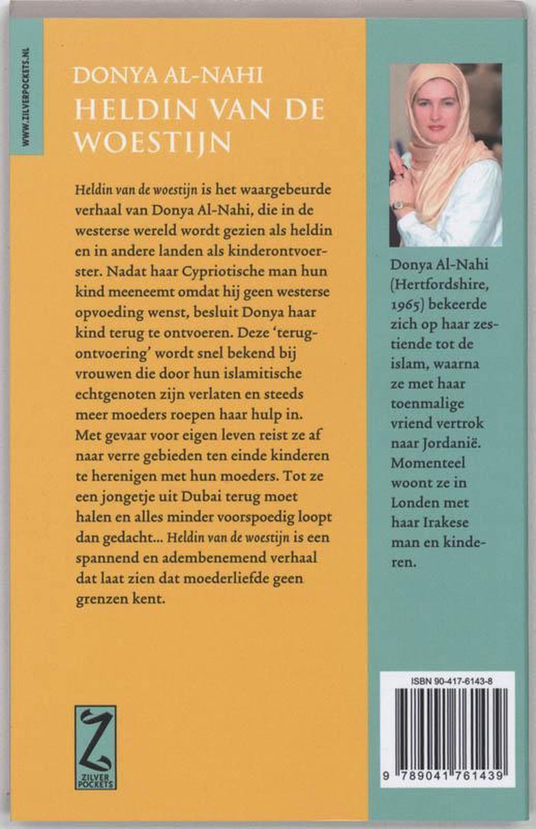 Achterkant boek "Helden van de Woestijn" met Donya Al-Nahi op de foto. Inclusief ISBN.