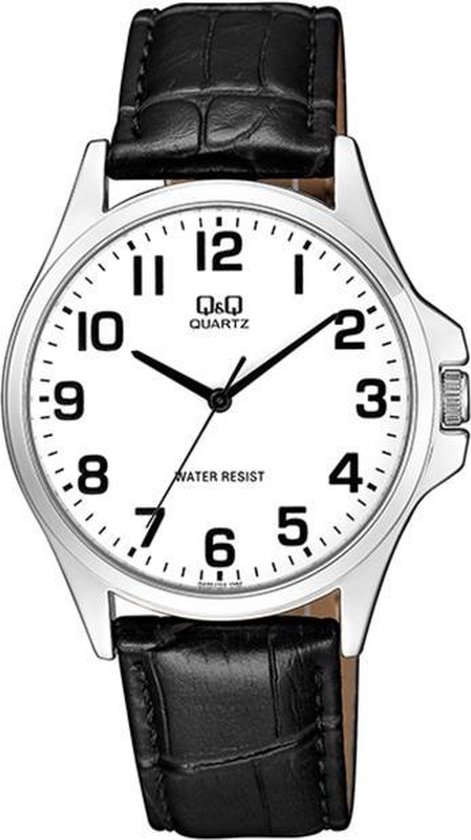 Q&Q QA06J304Y - Horloge - Heren - Mannen - Leren band - Rond - Metaal - Zwart - Zilverkleurig