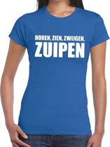 Horen Zien Zwijgen Zuipen  tekst t-shirt blauw dames S