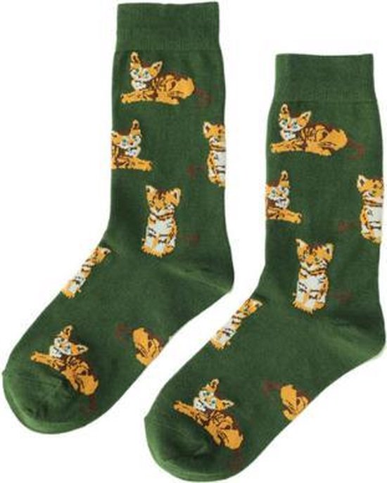 Dames sokken - groen - bruin - leuke print kat - 36-40 - cadeau - voor haar