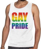 Gay pride tanktop / mouwloos shirt wit met regenboog tekst voor heren - Gay pride kleding L