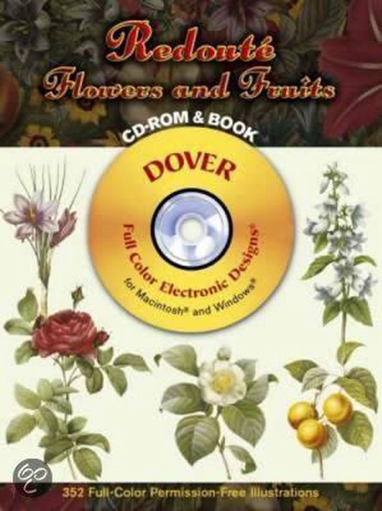Boek en CD-ROM: Redouté Bloemen en Fruit, met illustraties van bloemen, fruit en een CD.