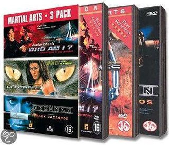 Martial Arts 3 Pack DVD-box met Jackie Chan's 'Who Am I?', 'Huntress' en 'Freeman'.