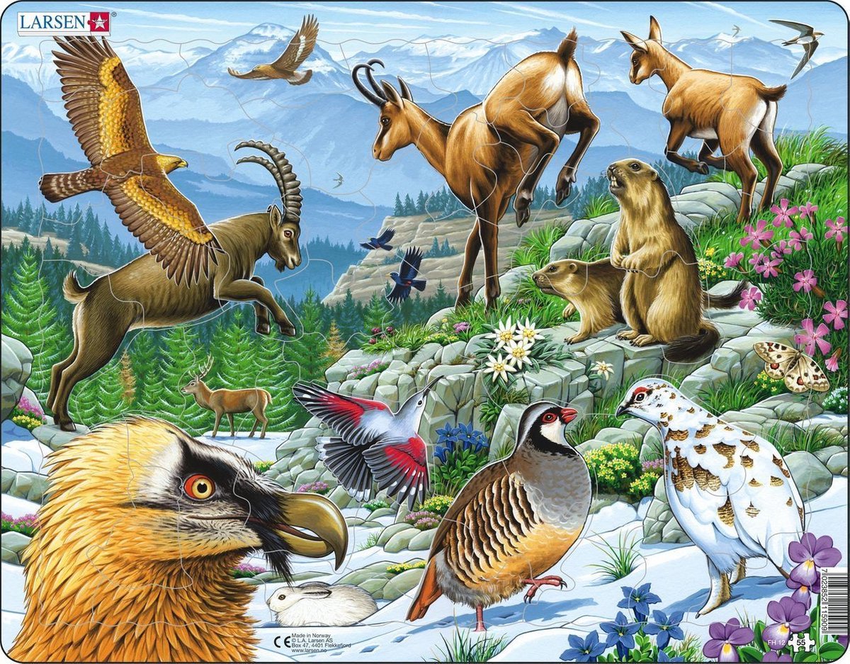 Larsen Alpen – Puzzel – Dieren – Europa – Educatieve legpuzzel voor kinderen – 55 stukjes – Gemaakt in Noorwegen – Extra dikke 2,5 mm stukjes – Tray met vaste rand