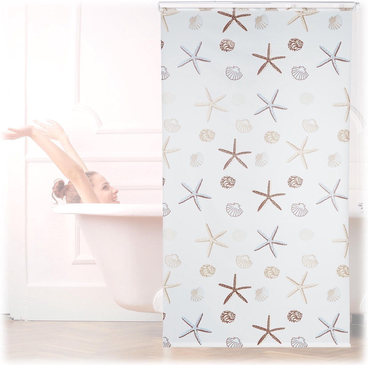 Relaxdays doucherolgordijn Ocean - douchegordijn met rolsysteem - schelpen design - 120x240cm