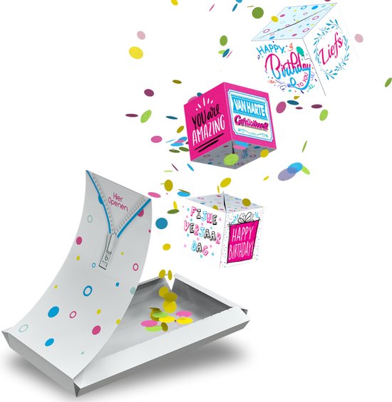 Boemby - Exploderende Confettikubus Wenskaart - TRIO - Verjaardagskaart met Confetti 3D Kaart