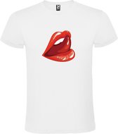Wit t-shirt met Rode Glanzende Lippen met tong groot size S