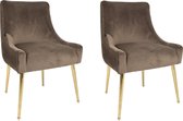 Eetkamerstoelen set van 4 Velvet Bruin met geribbelde achterkant - gouden poten - Eettafelstoelen velours bruin met armleuning