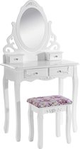 Furnibella Kaptafel met spiegel en kruk 4 laden MDF en massief grenenhout Wit 75 x 139 x 40 cm (B x H x D)