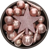Set van 33x stuks kunststof/plastic kerstballen met ster piek lichtroze (blush pink) mix - Onbreekbaar - Kerstversiering/kerstboomversiering