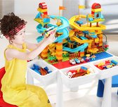 Promo: Bouwtafelset + Knikkerbaan 80 dlg. + 2 Stoeltjes + 4 Bakjes + Bouwtafelset voor Lego (Kleine) & Dulop (Grote) bouwstenen - Hoogte verstelbaar - Klassieke Rode en Blauwe kleu