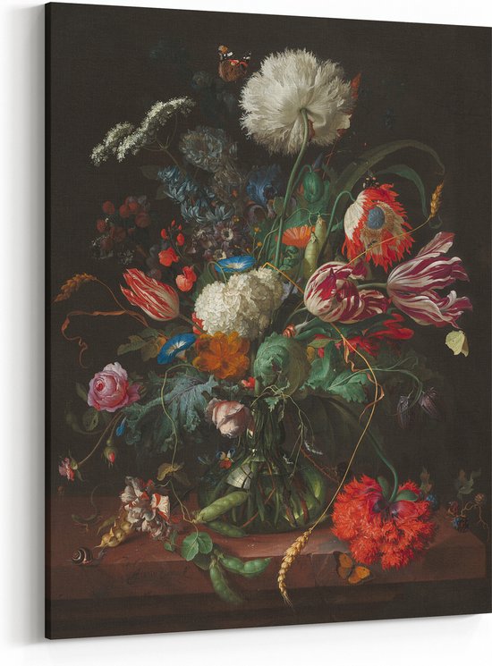 Schilderij op Canvas - 40 x 50 cm - Stilleven met Bloemen - Vaas met Bloemen - Jan Davidsz de Heem - Bloemen en Planten - Wanddecoratie - Muurdecoratie - Slaapkamer - Woonkamer