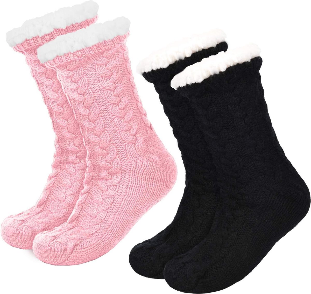 JAXY Huissokken - Huissokken Dames en Heren - Verwarmde sokken - Anti Slip Sokken - Fleece Sokken - Dikke Sokken - Fluffy Sokken - Slofsokken - Warme Sokken - Bedsokken - Gevoerde Sokken - Winter Sokken - 2 Paar - Zwart en Roze
