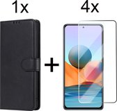 Xiaomi Redmi Note 10S hoesje bookcase met pasjeshouder zwart wallet portemonnee book case cover - 4x Xiaomi Redmi Note 10S screenprotector