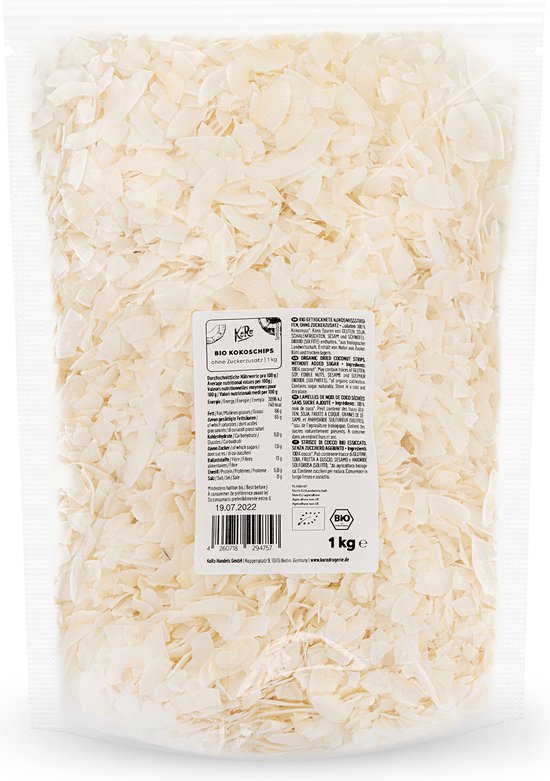 Een zak van 1kg biologische kokoschips met etiket.