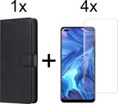 Oppo Reno 4 5G hoesje bookcase met pasjeshouder zwart wallet portemonnee book case cover - 4x Oppo Reno 4 5G screenprotector