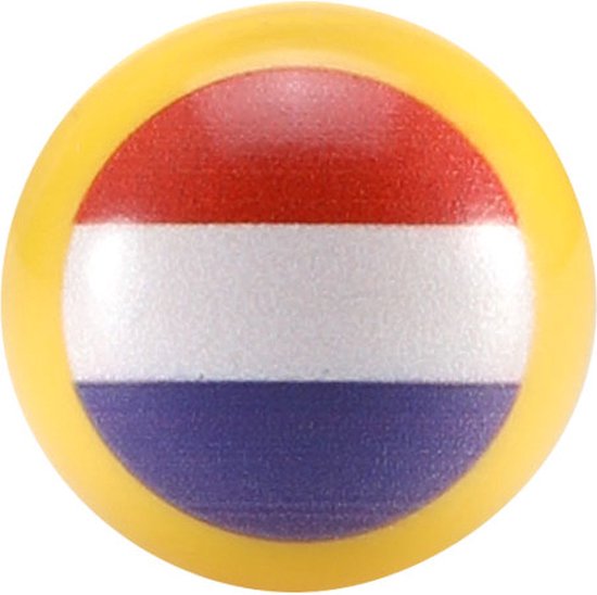Een gele knikker met de Nederlandse vlag erop.