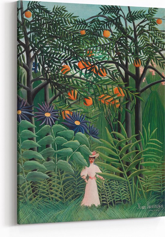 Schilderij op Canvas - 50 x 70 cm - Vrouw loopt in een exotisch bos - Kunst - Henri Rousseau - Wanddecoratie - Muurdecoratie - Slaapkamer - Woonkamer