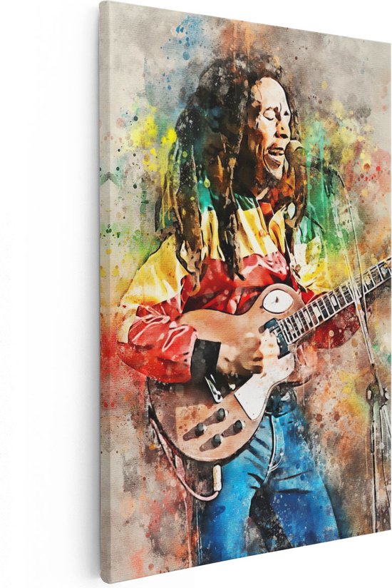 Artaza Canvas Schilderij Bob Marley met zijn Gitaar in Olieverf - 40x60 - Poster Foto op Canvas - Canvas Print