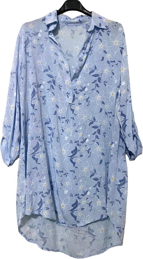 Robe chemise - Imprimé floral - Manches longues - Blauw - Taille unique ( S-XL)