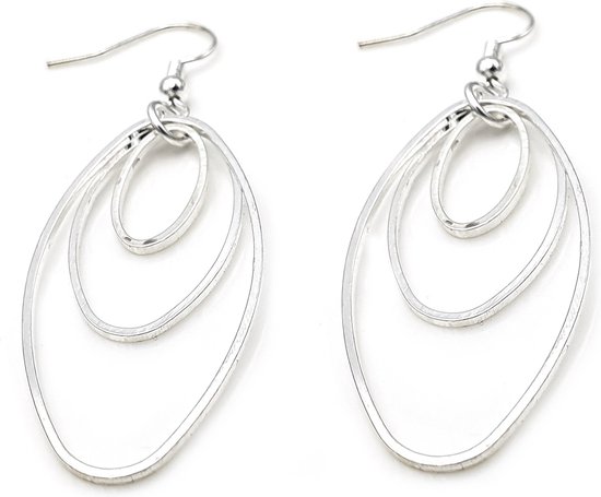 Zilverkleurige oorhangers oorbellen met ovalen ringen 4 cm