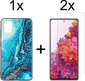 Samsung S20 FE Hoesje - Samsung Galaxy S20 FE Hoesje Marmer Donkerblauw Oceaan Print Siliconen Case - 2x Samsung S20 FE Screenprotector