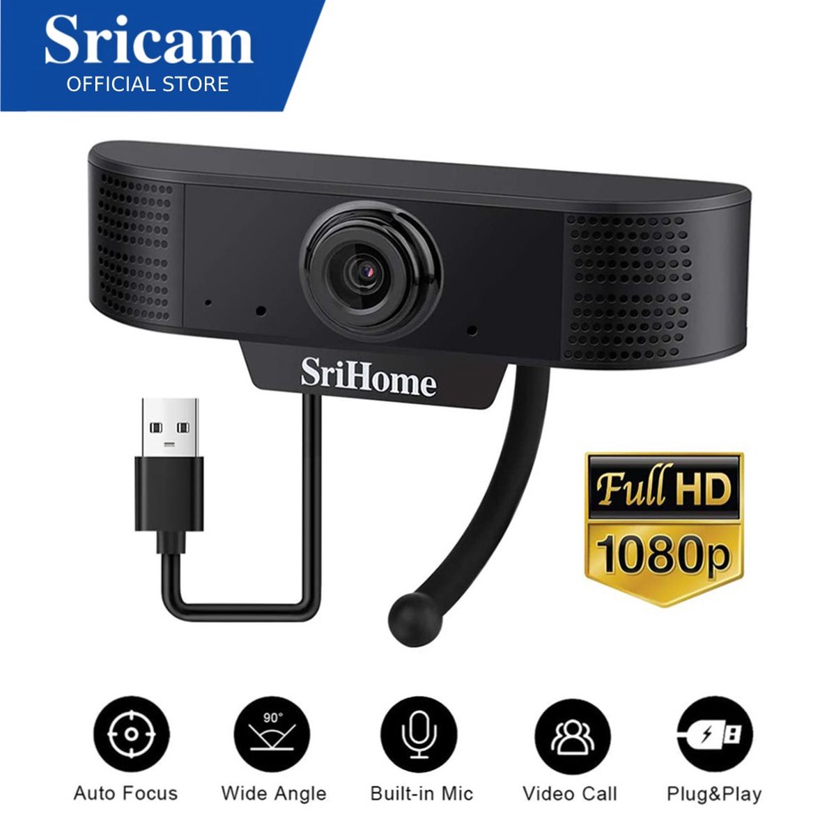 TeleBeni Srihome 2MP FULL HD 1080P Plug & Play Usb Webcam Usb 2.0 Gratis Driver Pc Camera Webcam Usb Met Mic Microfoon Voor desktop/Laptop ideaal voor thuiswerken op hoog niveau enorm scherp beeld namelijk 2MegaPixel dus geschikt voor 55inch