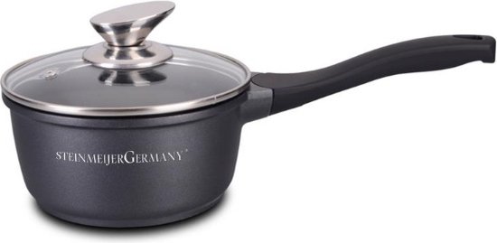 Steinmeijer-Braadpan met deksel, melkpan inductie gecoat met glazen deksel 16 cm, 1 l, van gegoten aluminium, met hittebestendige handgreep van kunststof, zwart Sauspan ø 16 cm kookpan zware pan inductie