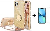 Apple iPhone 13 Pro Max | Ring Houder | Back Cover Telefoonhoesje | Glitter | TPU Hoesje | Goud + 1x Screenprotector