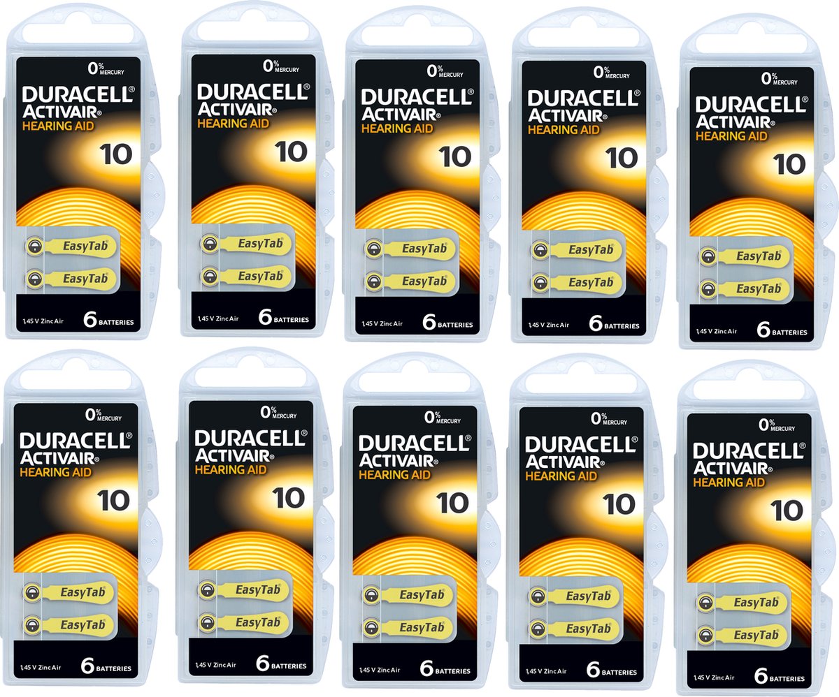 60 Stuks (10 Blister a 6st) Duracell ActivAir 10MF Hg 0% 1.45V 100mAh hoortoestel batterij 1.45V 100mAH