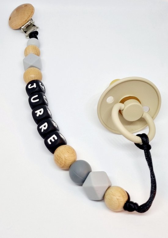 Speenkoord met naam Lalieloe – Speenhouder – Kraamcadeau – Speenketting – Woody Grey Naam