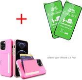 Cover voor iPhone 12 Pro met verborgen pasjeshouder  + 2x screenprotector - iPhone 12 Pro case Roze - iPhone 12 Pro hoesje Roze