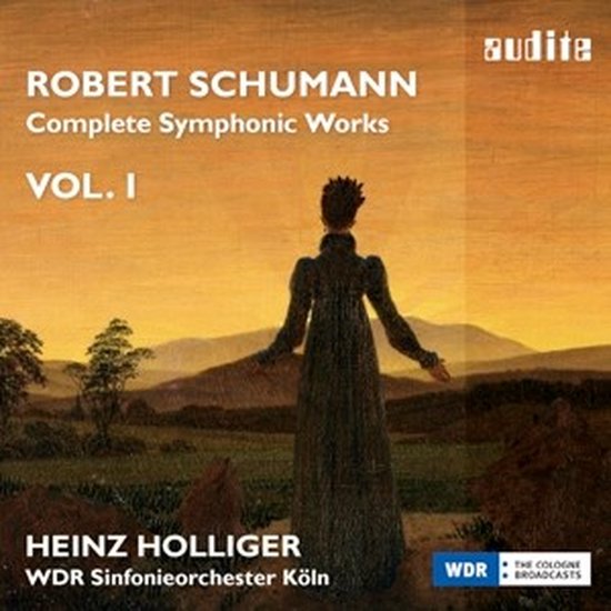 CD-hoes met schilderij van een vrouw in lange jurk bij zonsondergang, met tekst "ROBERT SCHUMANN Complete Symphonic Works Vol. I".
