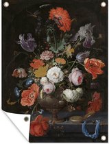 Tuinschilderij Stilleven met bloemen en een horloge - Abraham Mignon - Kunst - Oude meesters - Vintage - 60x80 cm - Tuinposter - Tuindoek - Buitenposter