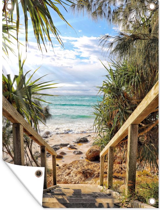 Tuinschilderij Een trap naar het strand met palmbomen, Australië - 60x80 cm - Tuinposter - Tuindoek - Buitenposter