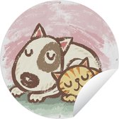 Tuincirkel Kinderillustratie van een hond en kat - 120x120 cm - Ronde Tuinposter - Buiten XXL / Groot formaat!
