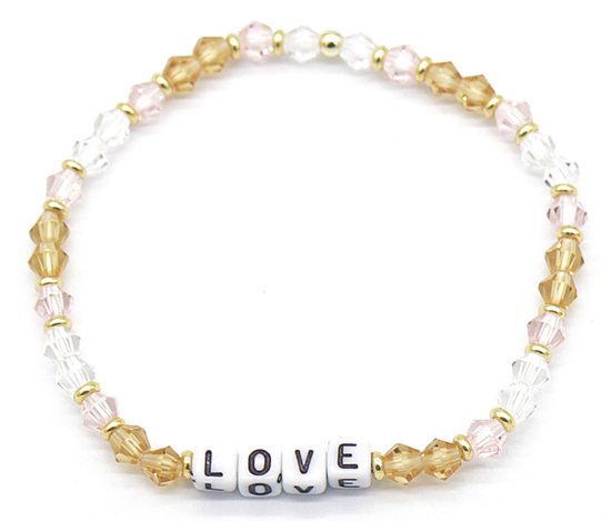 Armband Dames - Glaskralen LOVE - Elastisch - Multi en Bruin