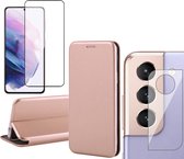 Samsung Galaxy S22 Hoesje - Book Case Lederen Wallet Cover Minimalistisch Pasjeshouder Hoes Roségoud - Full Tempered Glass Screenprotector - Camera Lens Protector