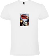 Wit t-shirt met grote print van Rode Mond / Lippen met Lucifer en dollarbiljet  Size S