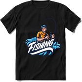 Fishing - Vissen T-Shirt | Grappig Verjaardag Vis Hobby Cadeau Shirt | Dames - Heren - Unisex | Tshirt Hengelsport Kleding Kado - Zwart - M