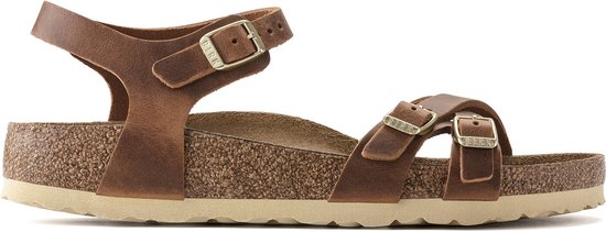 Sandales Birkenstock Kumba marron avec boucles, bride de cheville et semelle en liège texturée.
