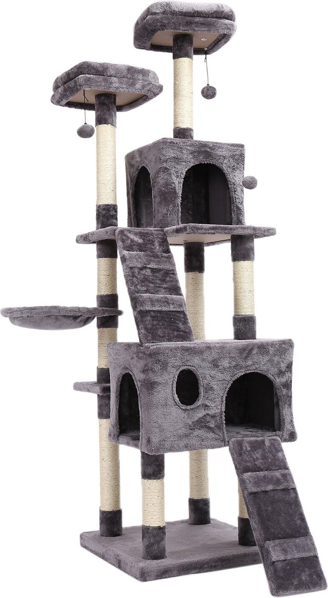 Luxe Houten Krabpaal voor Katten - Kattenboom - Speelhuis Voor Katten - Klimboom van Hout en Sisal Touw - Kattenspeelgoed/Kattenmand - 176 cm