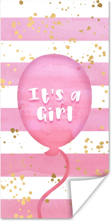 Poster Waterverf - Goud - Roze - Gender reveal - Het is een meisje - Spreuken - 20x40 cm