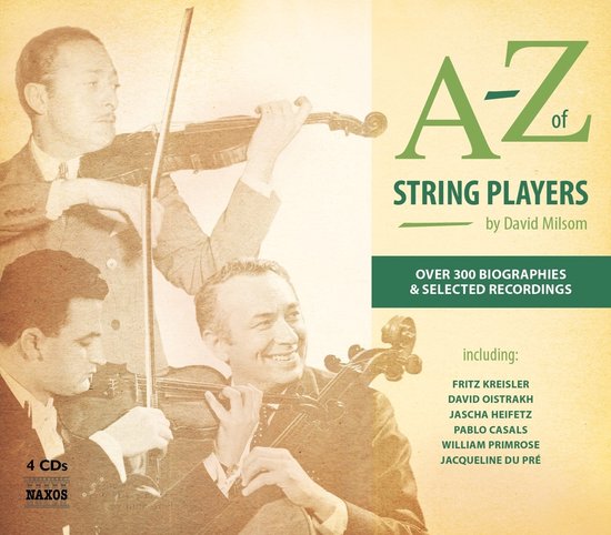 Boekhoes met A-Z van strijkspelers door David Milsom, met zwart-witfoto van drie strijkers en tekst '4 CD's'.