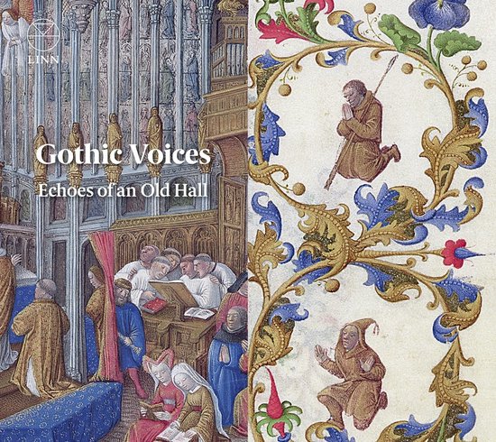 Boekillustratie met monniken, deels bedekt met gouden en blauwe bloemenranken. Titel: Gothic Voices - Echoes of an Old Hall