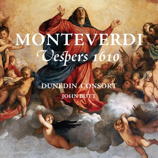 Albumhoes met een schilderij van de Hemelvaart van Maria, omringd door engelen en cherubijnen. Tekst: MONTEVERDI Vespers 1610, DUNEDIN CONSORT, JOHN BUTT.