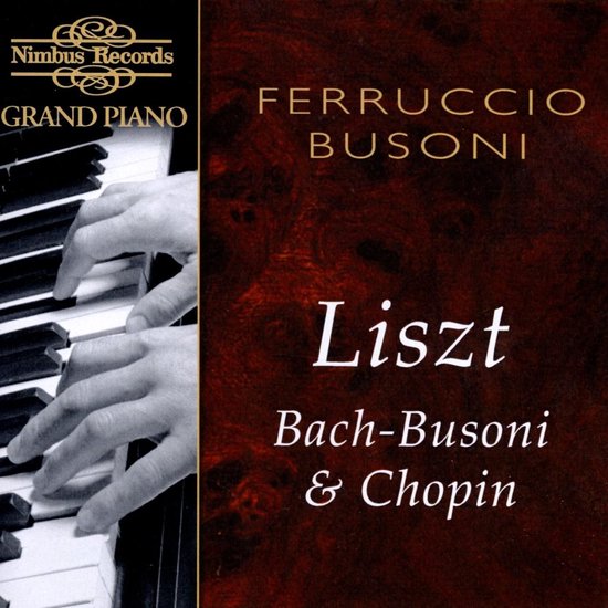Rechterhand en linkerhand bespelen een pianoklavier. Tekst: Ferruccio Busoni, Liszt, Bach-Busoni & Chopin.