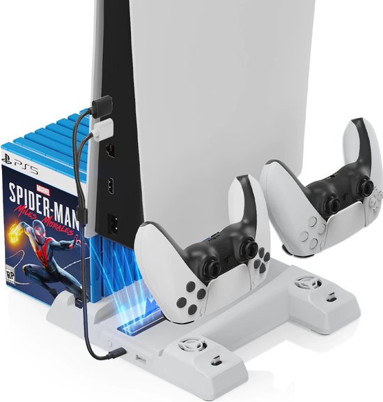 DrPhone DPS3 - Station de charge pour PS5 DISK / Version numérique - Fonction de refroidissement - Dongle contrôleur + Système de stockage de jeu - Wit