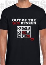 OUT OF THE BOX DENKEN heren t-shirt - Zwart - Maat L - korte mouwen - grappige teksten - leuke shirtjes - humor - quotes - kwoots - kado - cadeau - Anders denken dan anderen