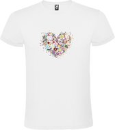 Wit t-shirt met een vrolijk gebloemd hart als print Size L